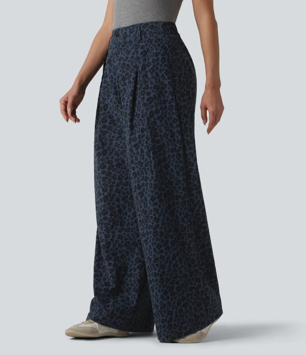 Pantalon large décontracté imprimé léopard taille mi-haute avec poches