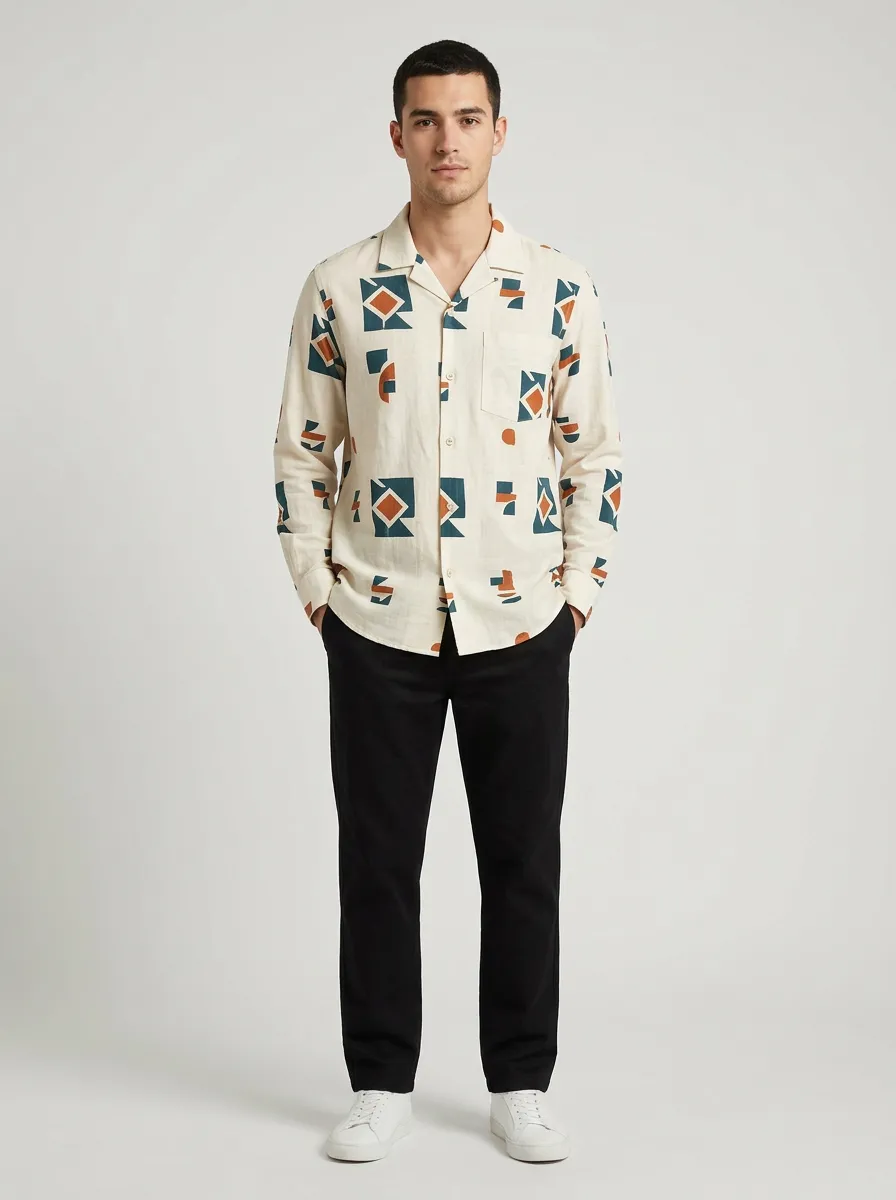 Men's Long Sleeve Geometric Abstract Printed Shirt