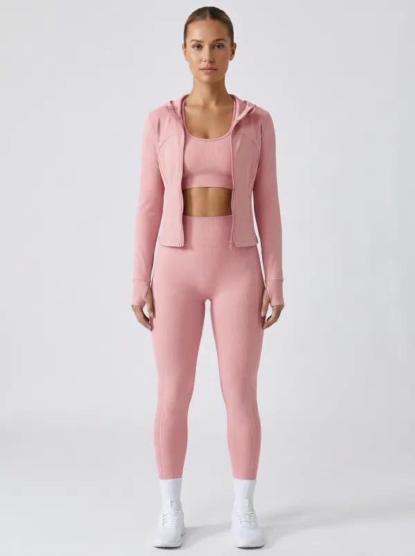 Training Ribbed Texture Seamless Design Detail Women's Three Piece Activewear Set