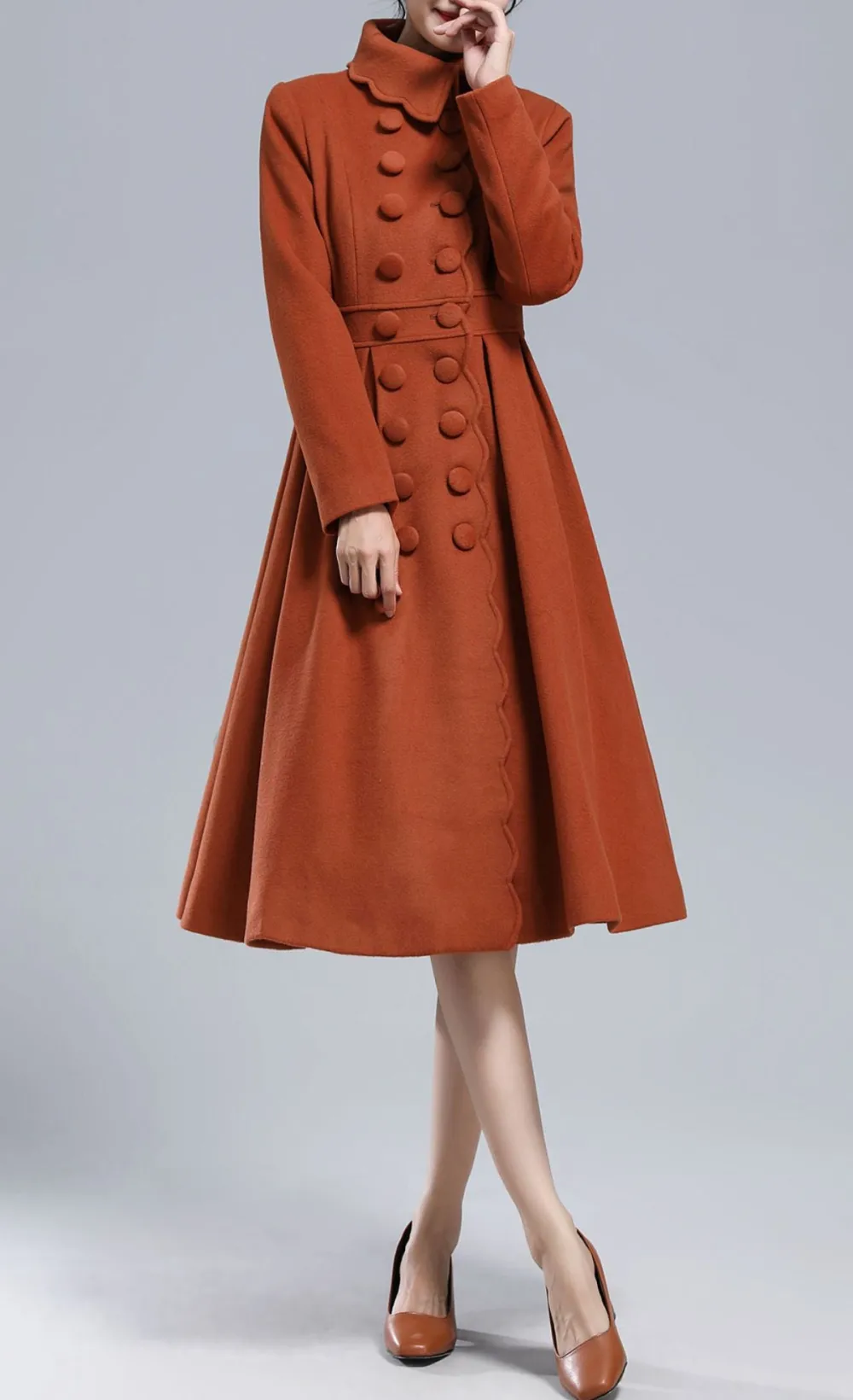 Classic Wool Blend Tailored Double Breasted Lapel Collar Pleated Long Coat