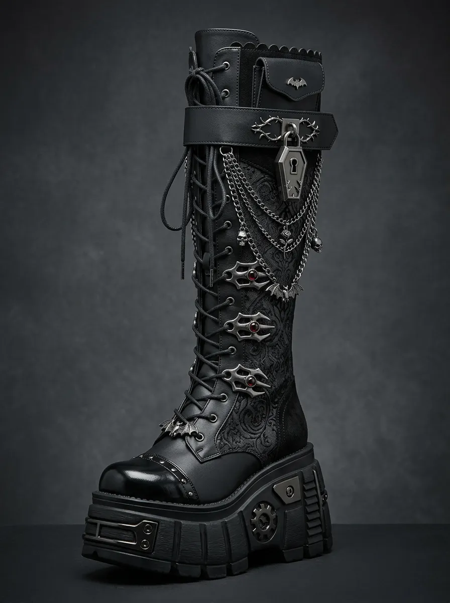 Ritual-Inspired Bat Chain Statement Women's Gothic Platform Boots