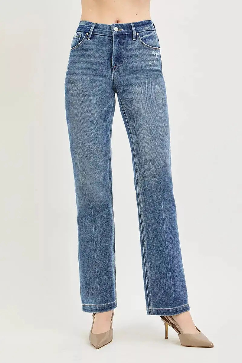 Mid Rise Pintuck Straight Leg Jeans