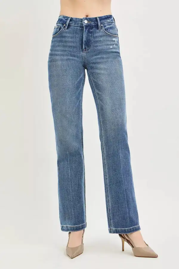 Mid Rise Pintuck Straight Leg Jeans