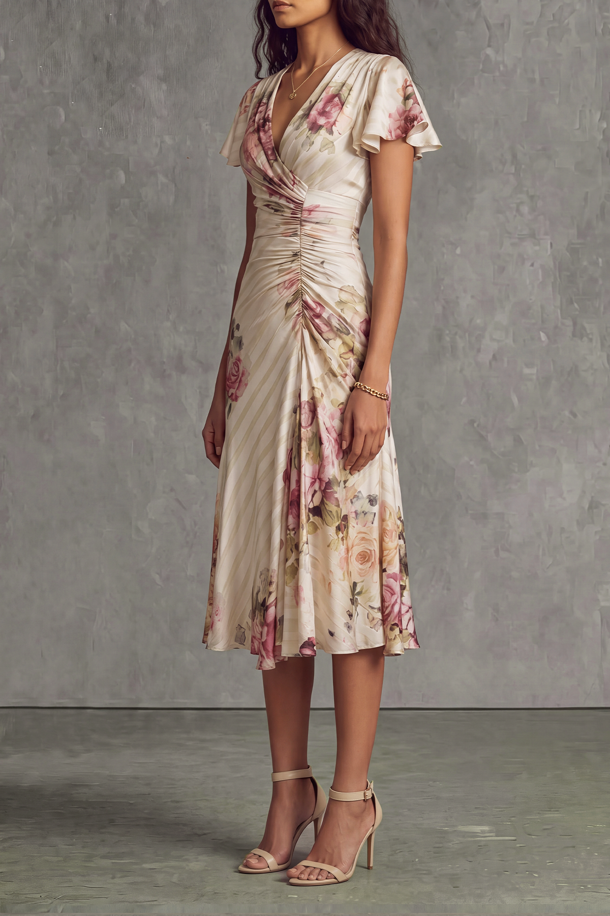 Classic Ruched Floral Midi Dress