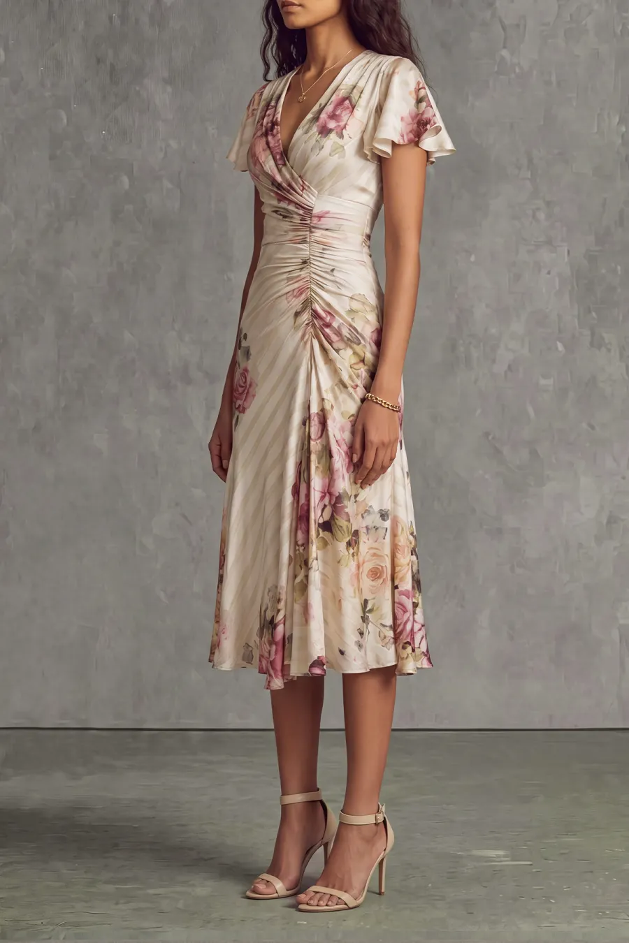 Classic Ruched Floral Midi Dress