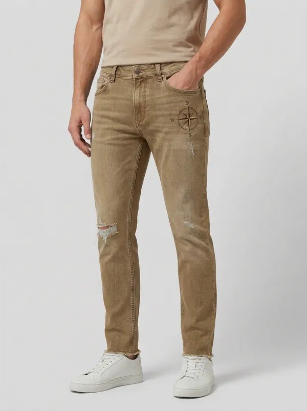 Men's Blue Travel Compass Embroidered Distressed Slim Fit Jeans