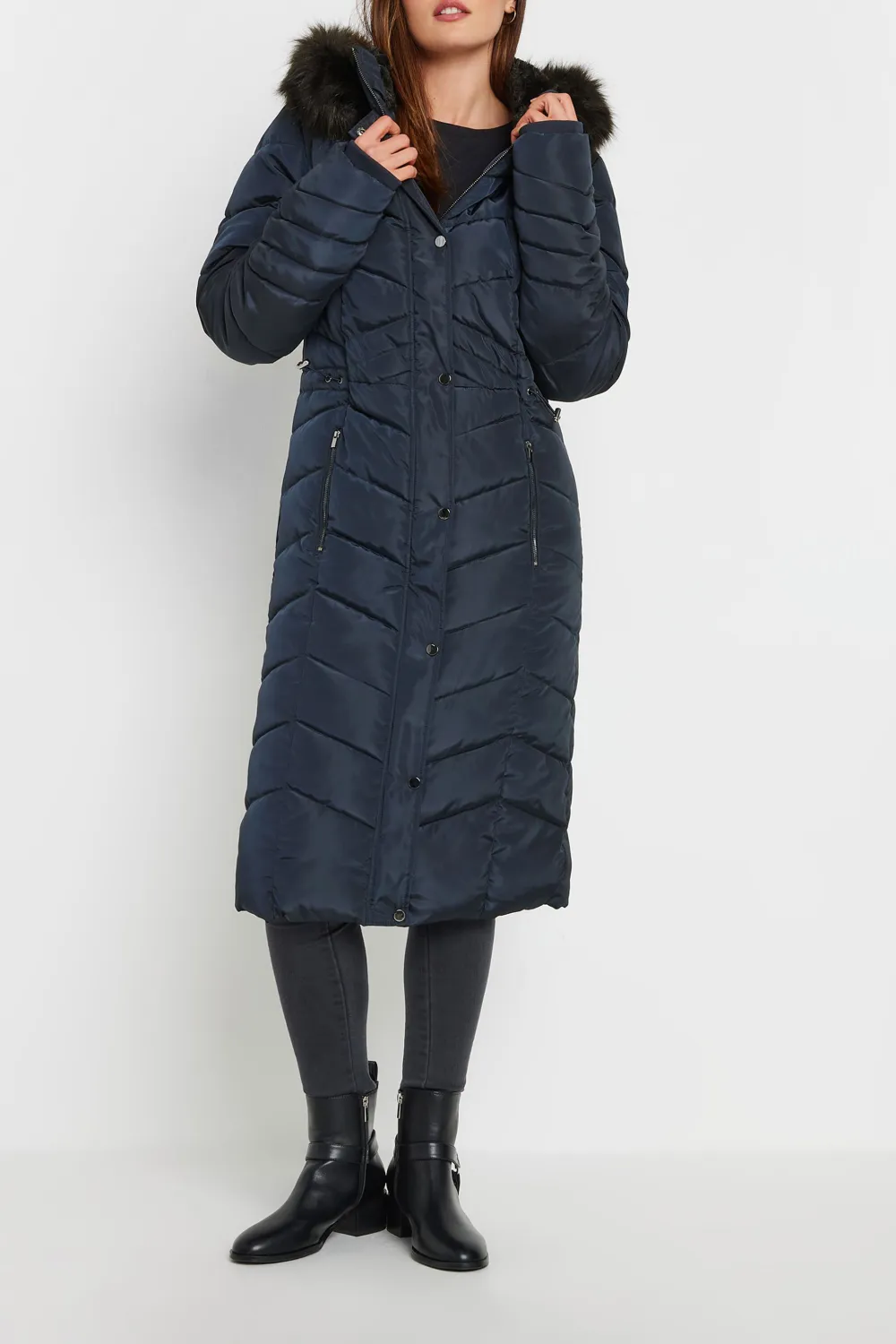 Navy Blue Faux Fur Trim Padded Longline Hooded Coat