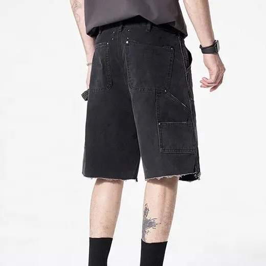 Relaxed Fit Raw Hem Utility Pocket Denim Shorts