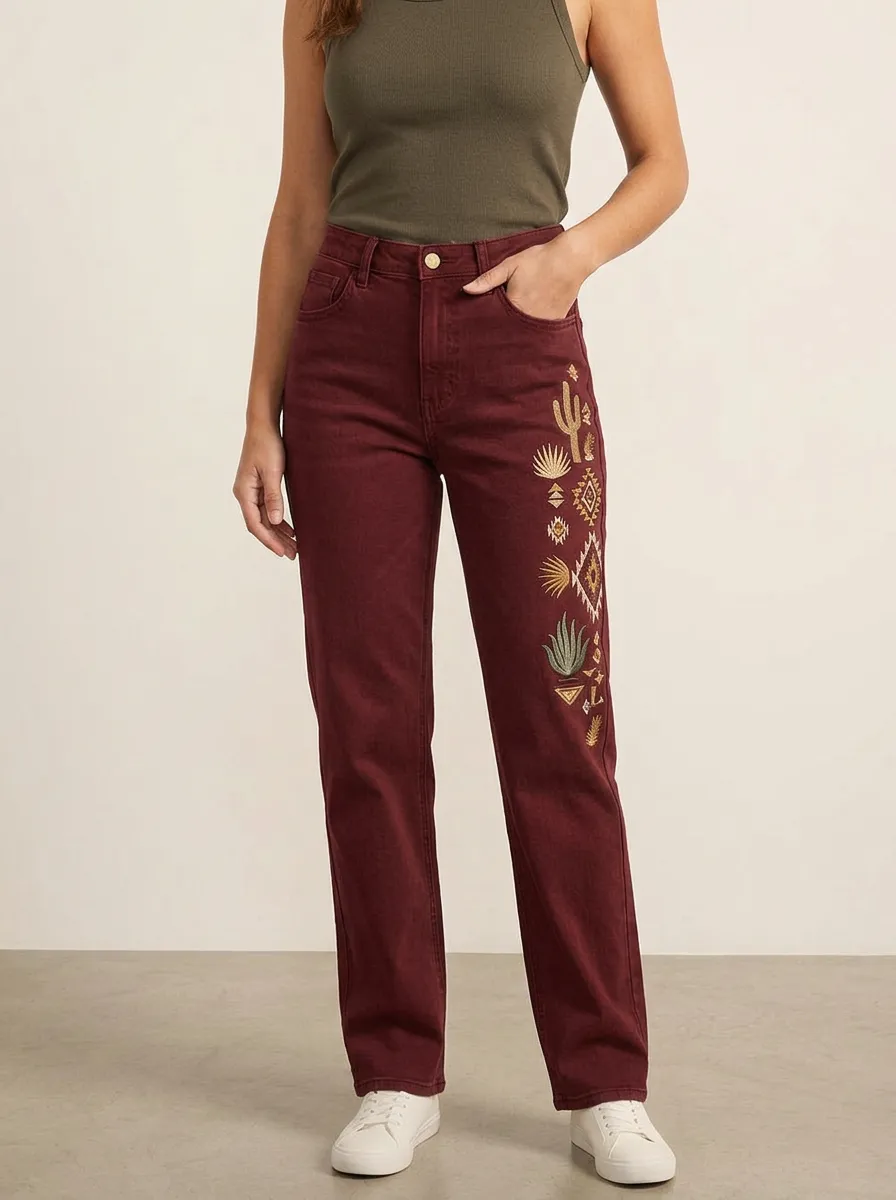 Women's Desert Boho Cactus Embroidered Printed Straight Leg Jeans