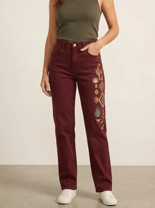 Women's Desert Boho Cactus Embroidered Printed Straight Leg Jeans