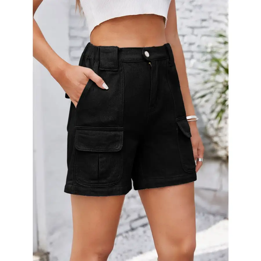 High Waist Pocketed Washed Denim Shorts