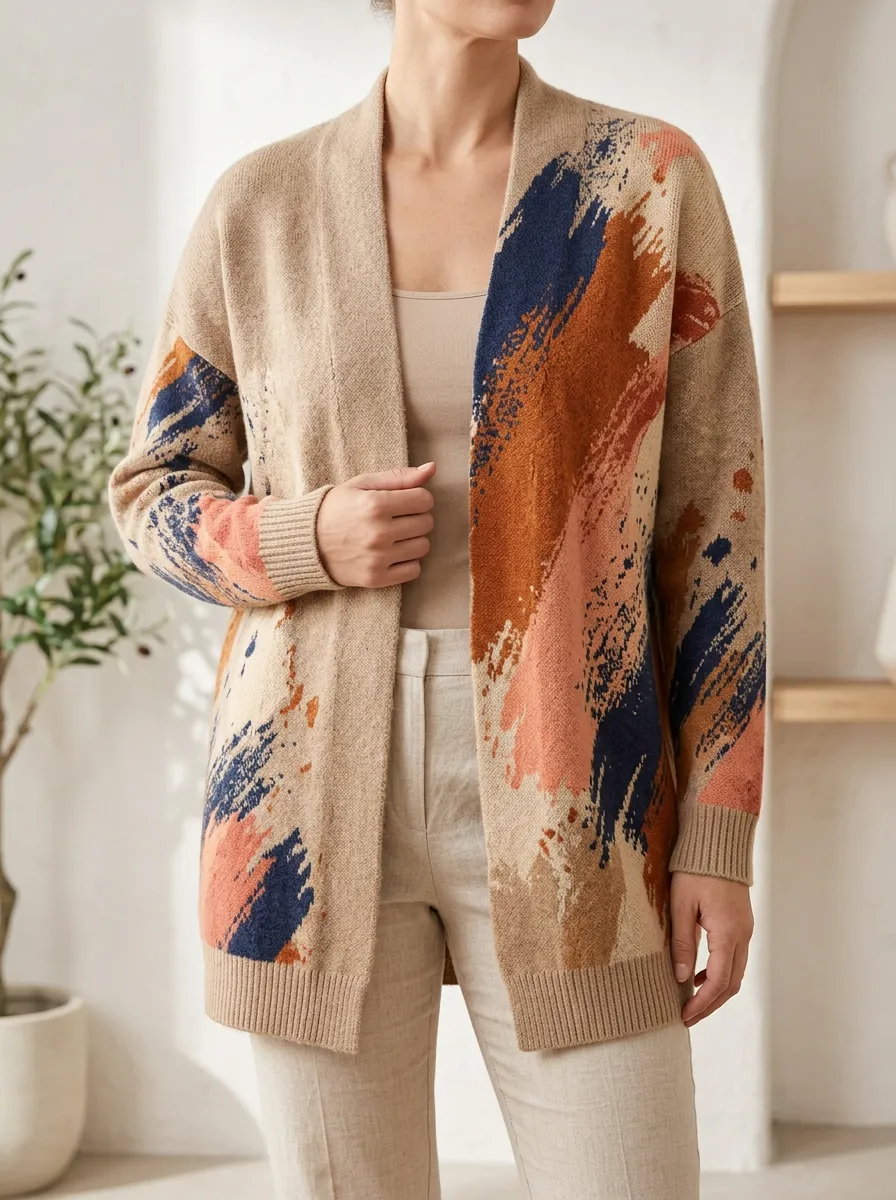 Women's Abstract Brushstroke Pattern Printed Dropped Shoulder Modern Weekend Cardigan