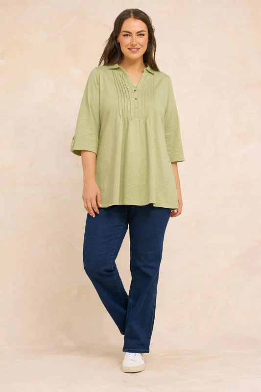 Premium Sage Green Pintuck Henley Top detail 1