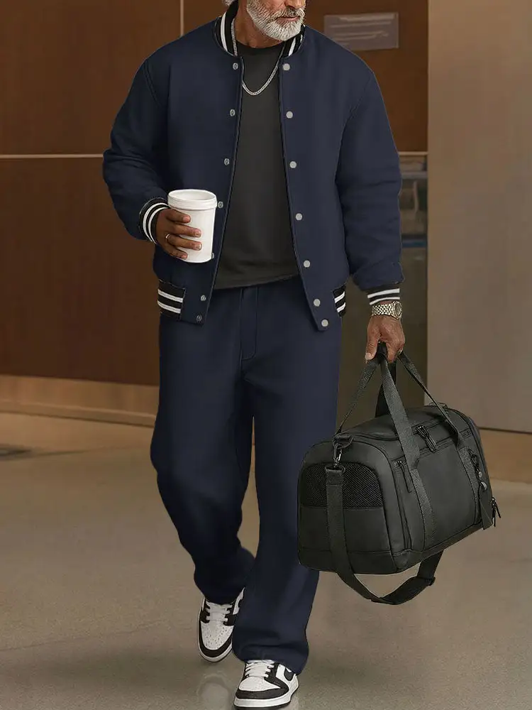 Casual Ribbed Trim Jacket Pants Set