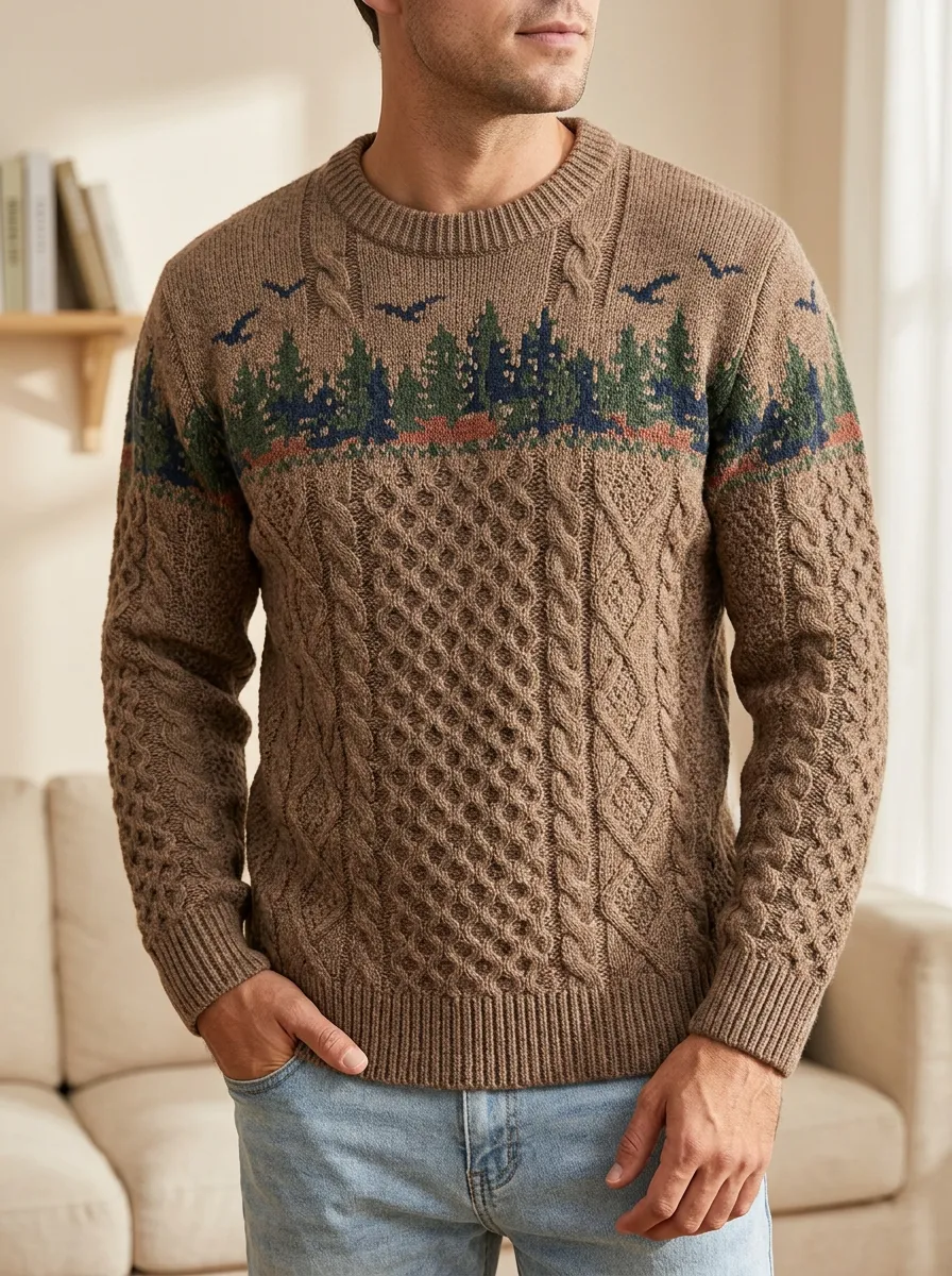 Men's Forest Pine Tree Birds Cable Knit Sweater