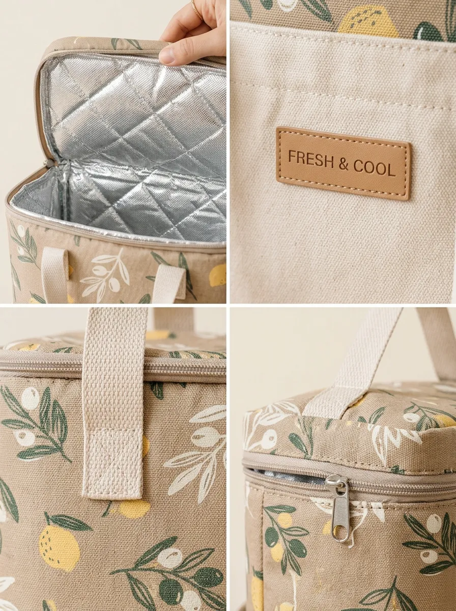 Lemon Olive Botanical Pattern Printed Thermal Insulated Lunch Bag