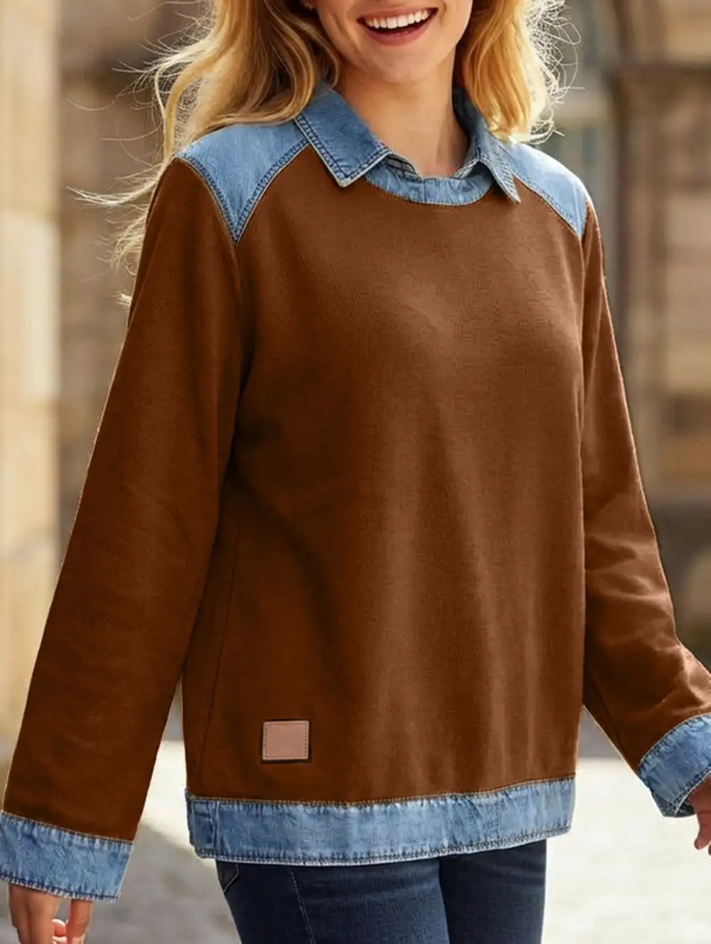 Denim Collar Patchwork Top