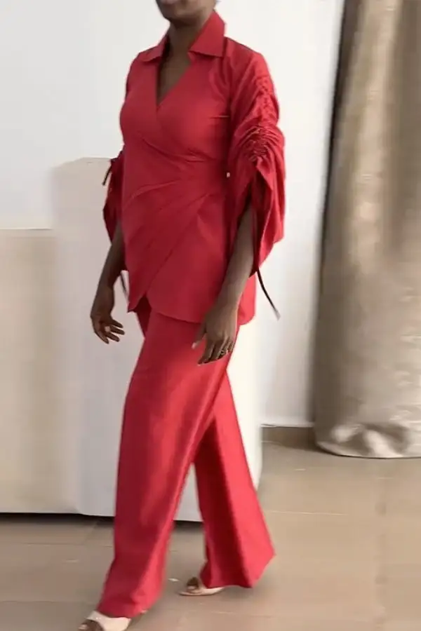 Red-Up V-Neck Long Sleeve Pant Set