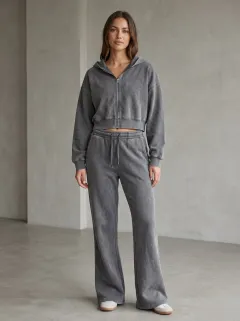 Women's Classic Washed Vintage Inspired Sport Inspired Cropped Hooded Jacket and Flare Pants Active Set