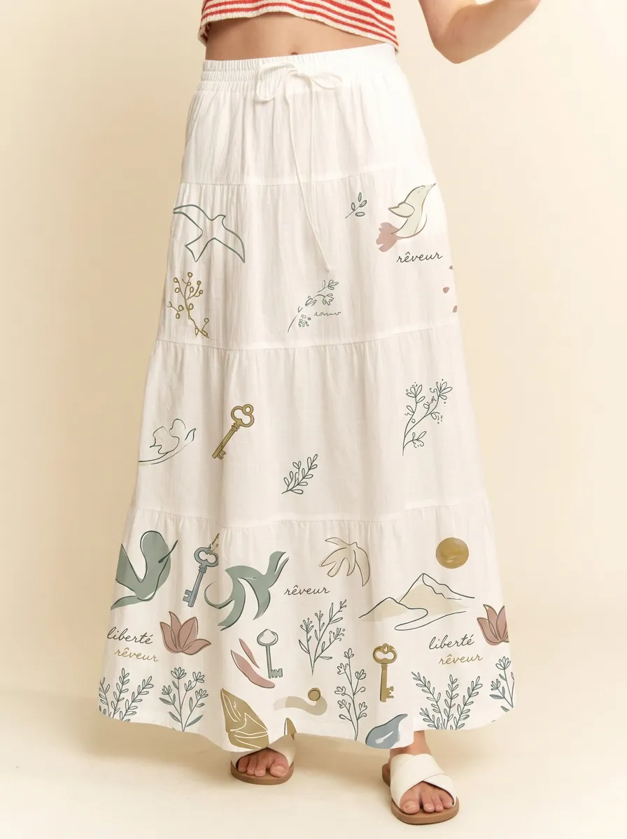 Women's Boho Aesthetic Bird Key Floral Printed Maxi Skirt