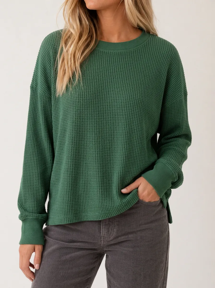 Textured Casual Waffle Knit Long Sleeve Crewneck Top