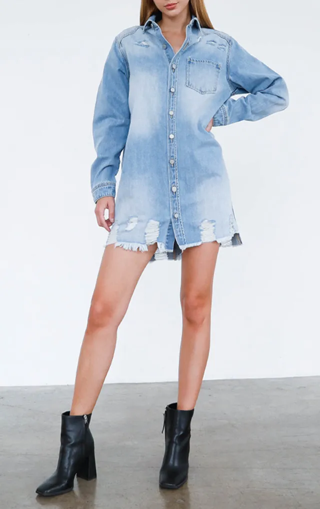 Distressed Long Sleeve Shirt Dress