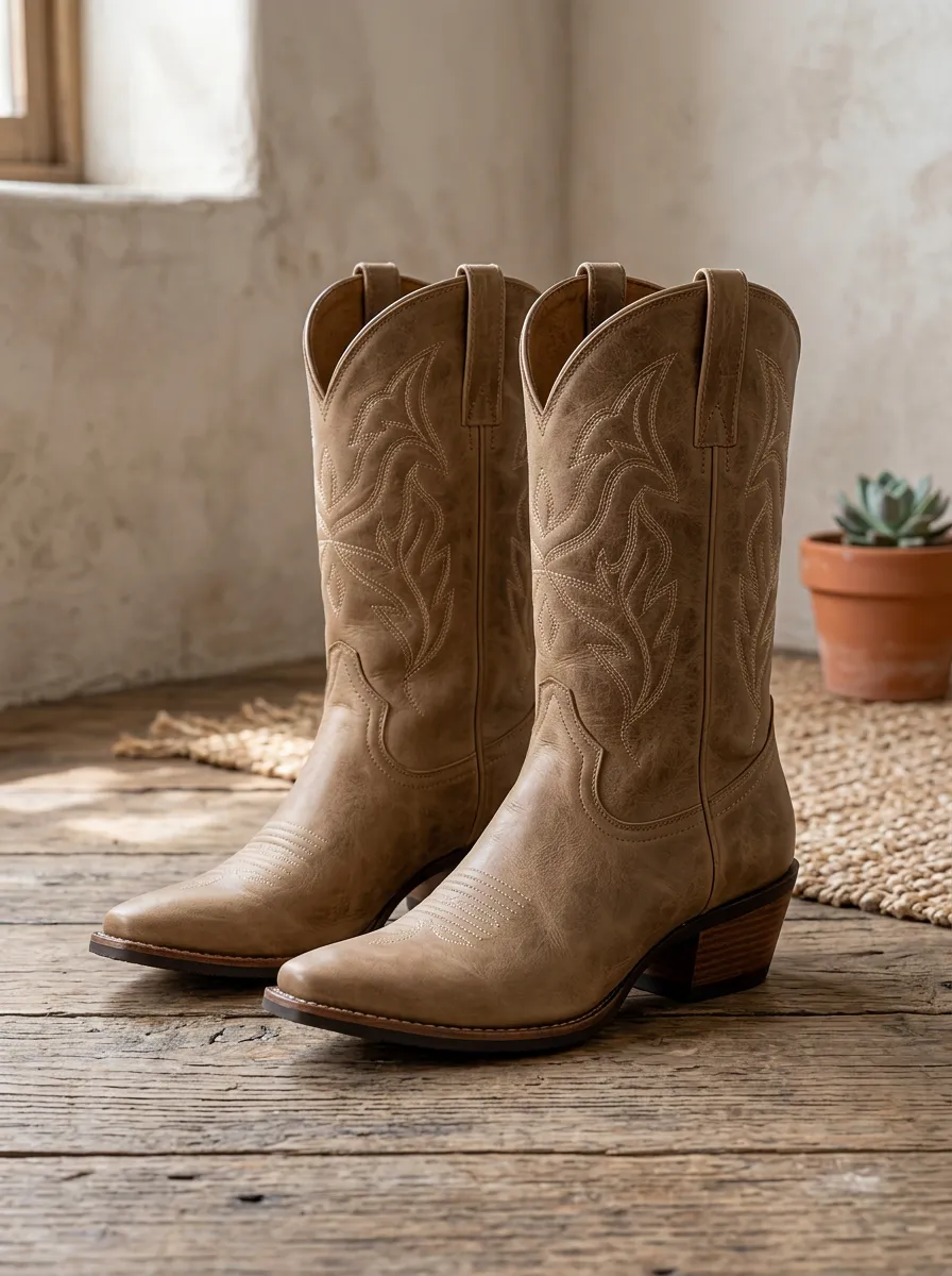 Unisex Classic Western Cowboy Tan Embroidered Stitched Boots