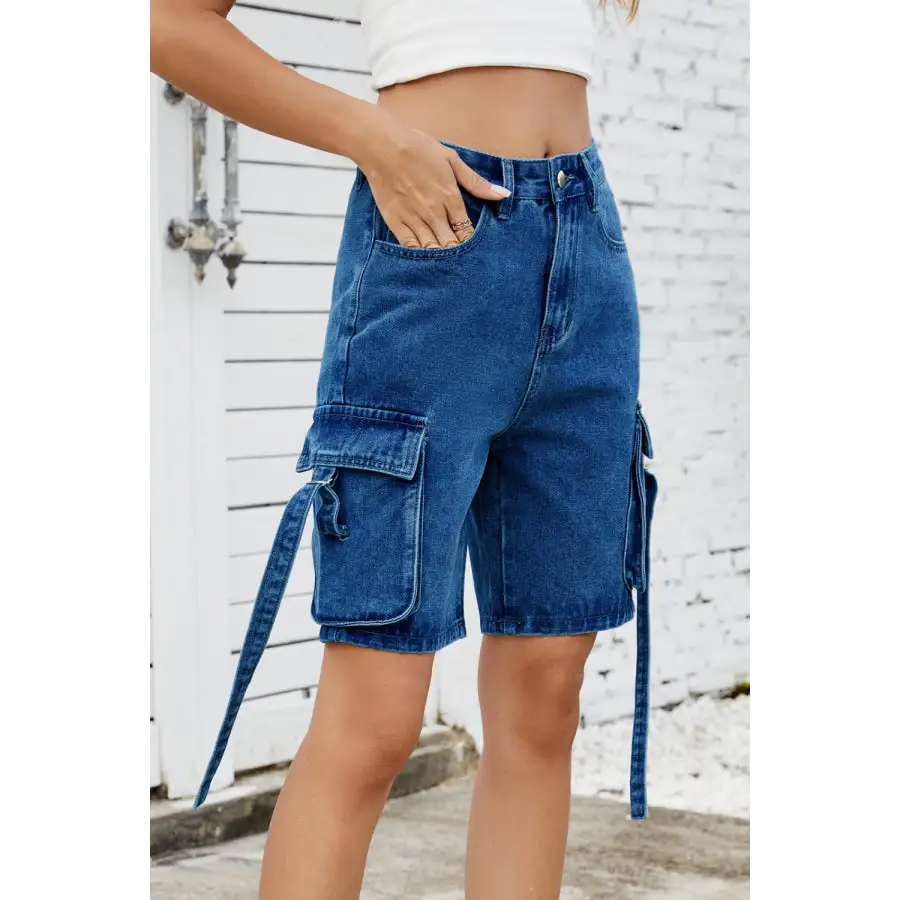 Pocketed Cargo Washed Denim Shorts