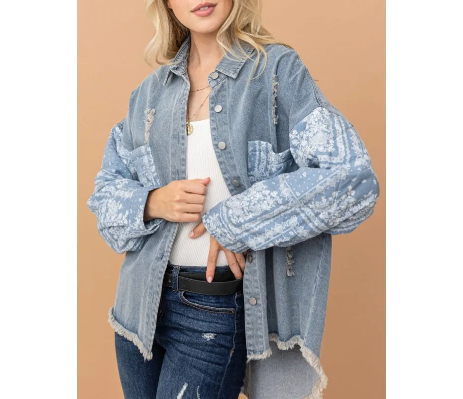 Plus Size Paisley Print Quilted Sleeves Denim Jacket