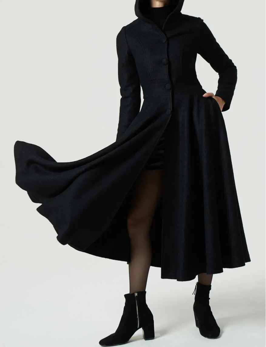Wool Blend Fit and Flare Hooded Single Breasted Pocketed Long Coat