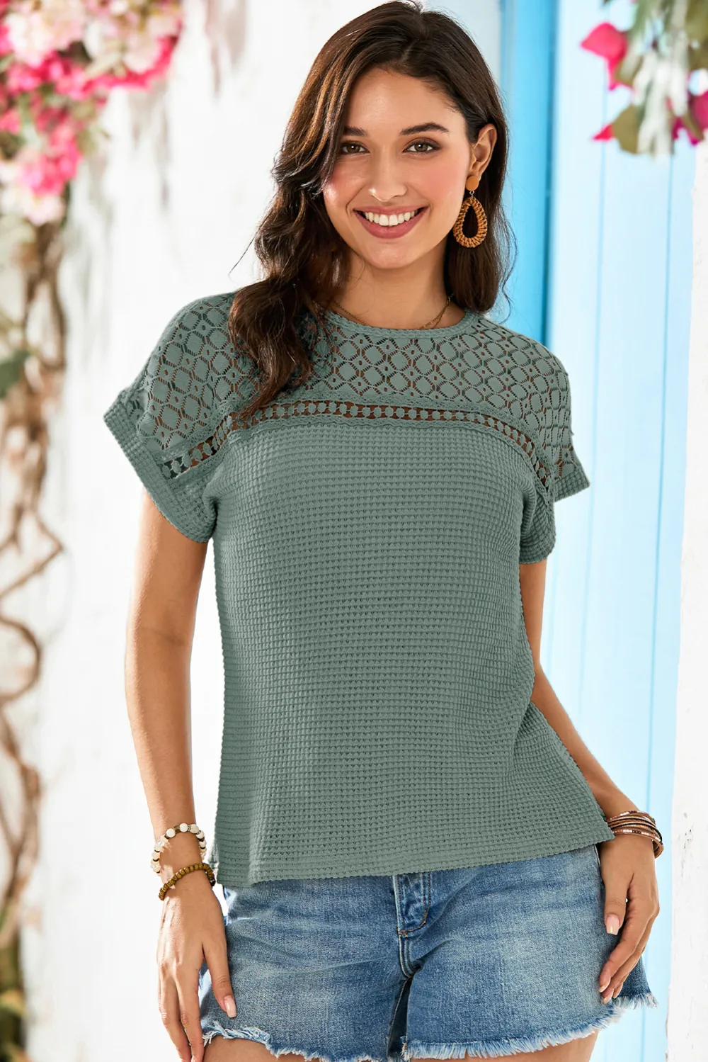 Mist Green Lace Patchwork Waffle Top