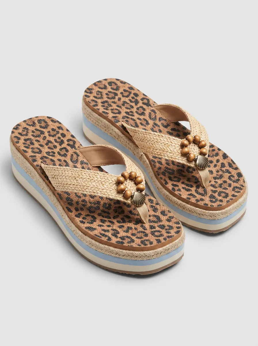 Women's Beach Fashion Leopard Print Beaded Platform Flip Flops