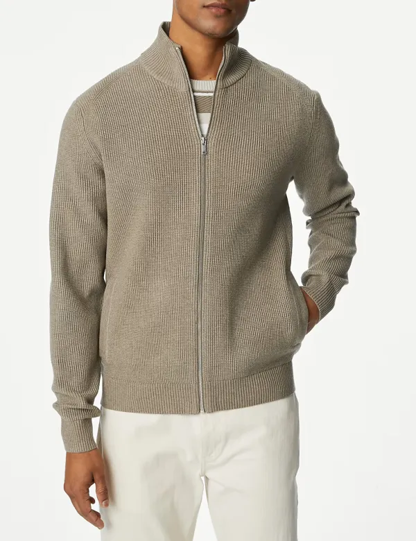 Men's Beige Cotton Blend Funnel Neck Zip Jumper