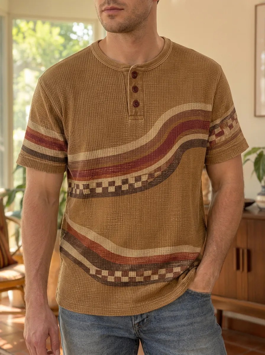 Men's Classic Retro Waffle Knit Wavy Checkered Henley T-Shirt