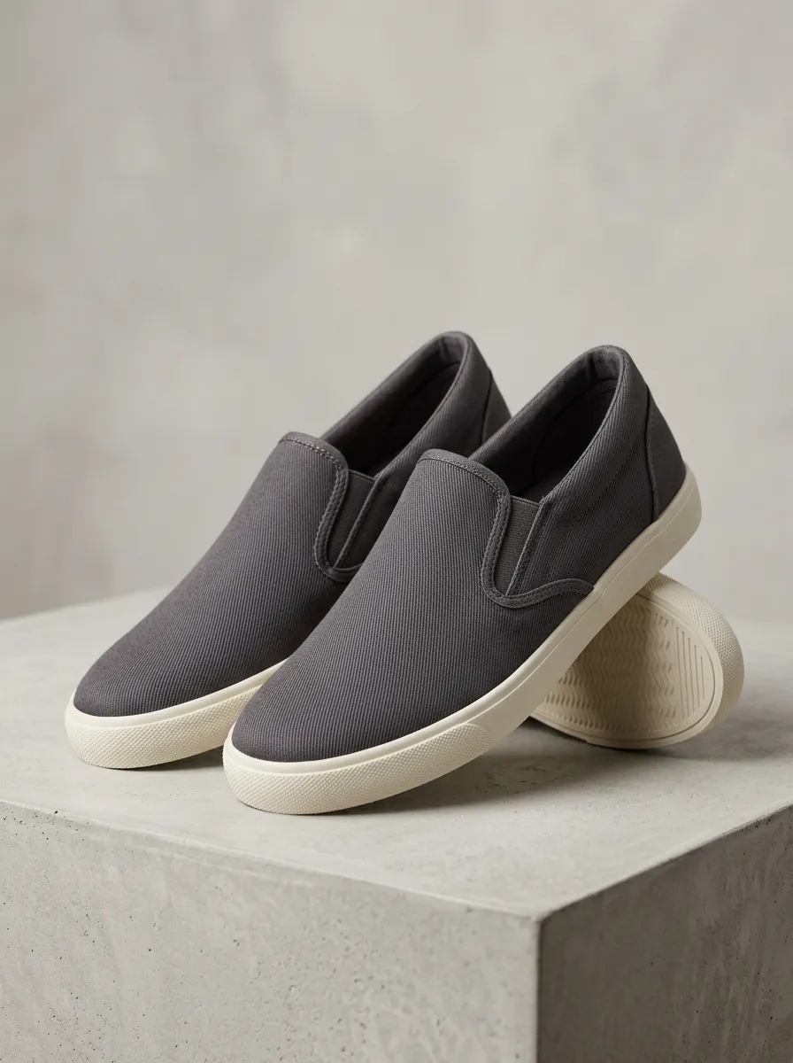 Men's Charcoal Canvas White-Sole Elastic-Gore Slip-On Boat Shoes