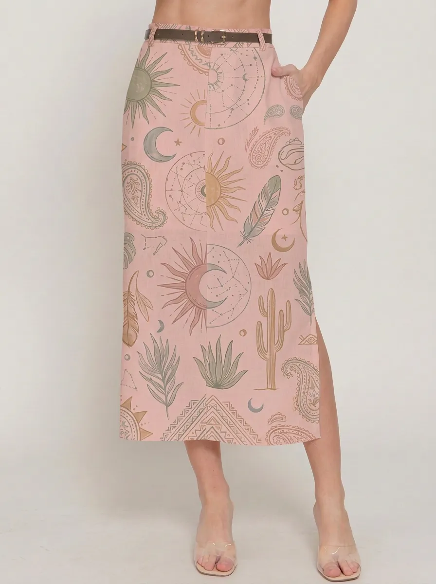 Women's Boho Celestial Sun Moon Cactus Printed Midi Skirt