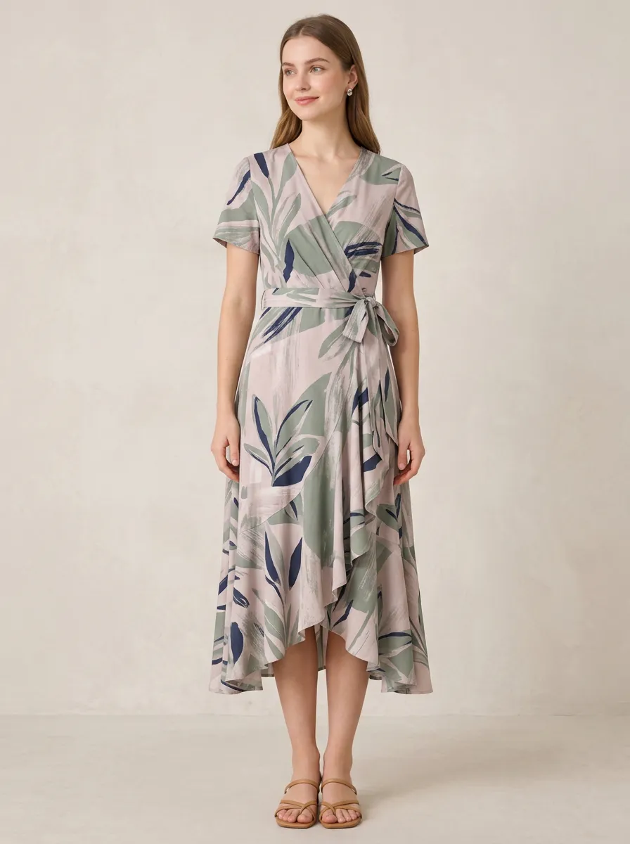 Women's Botanical Abstract Leaf Midi-Length Wrap Dress