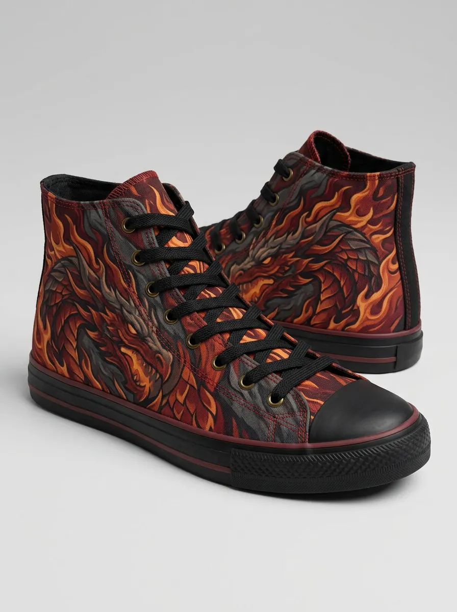 Men's Fantasy Dragon Fire Printed Canvas Shoes