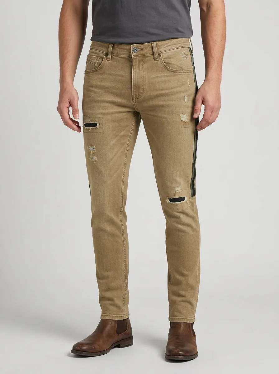Men's Distressed Side-Stripe Patchwork Printed Slim-Fit Jeans