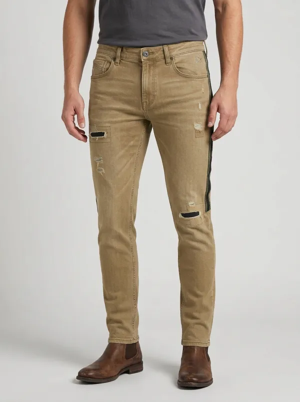 Men's Distressed Side-Stripe Patchwork Printed Slim-Fit Jeans