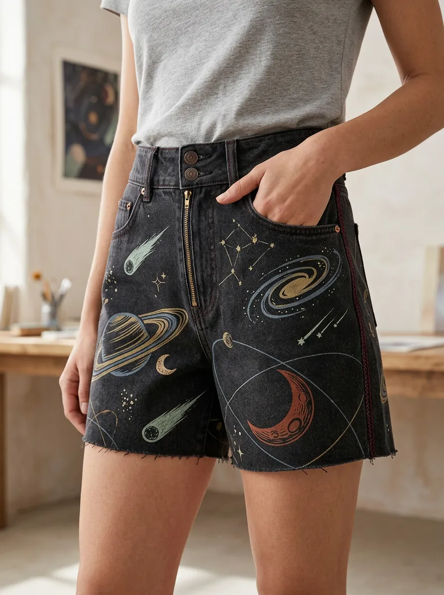 Women's Relaxed Space Lover Galaxy Planet Moon Printed Denim Shorts