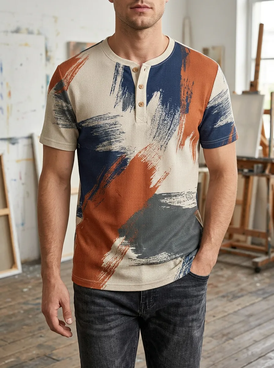 Men's Graphic Abstract Brushstroke Waffle Knit Henley T-Shirt