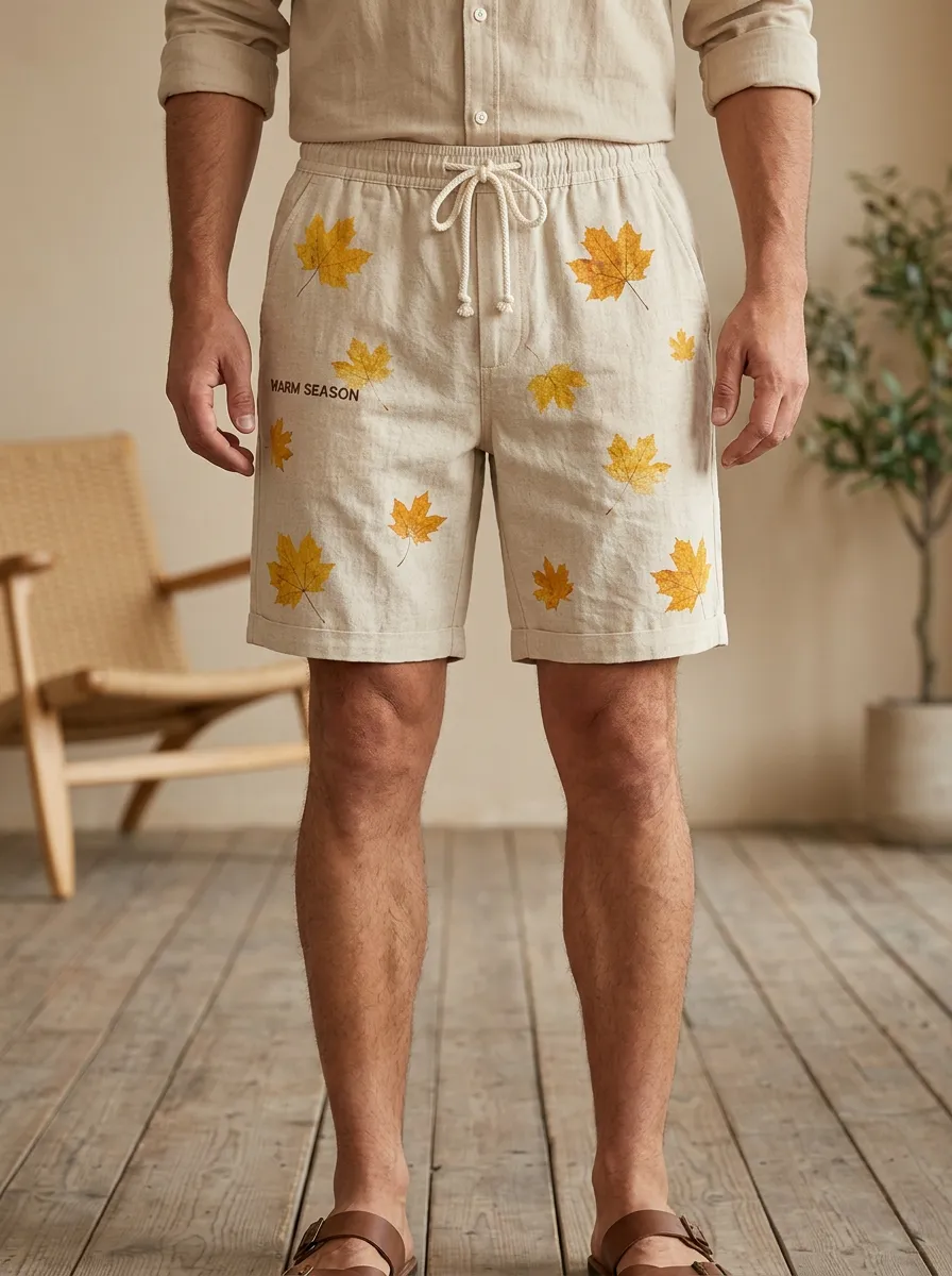 Maple Leaf Print Drawstring Accented Shorts