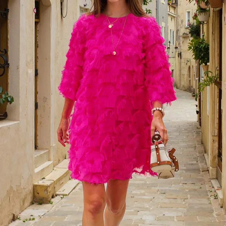 Fringed Mid Length Sleeve Elegant Mini Dress