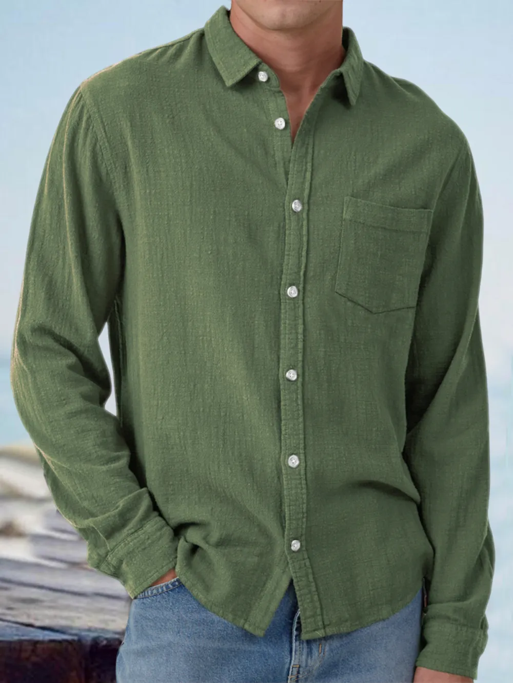 Everyday Long Sleeve Open Collar Pocket Shirt