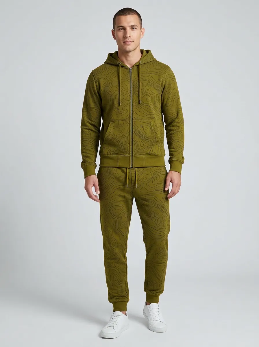 Men's Classic Outdoor Adventure Topographic Print Jogger Set