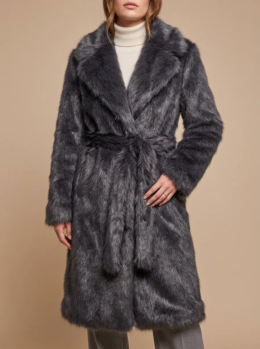 Self Tie Belt Charcoal Faux Fur Belted Coat