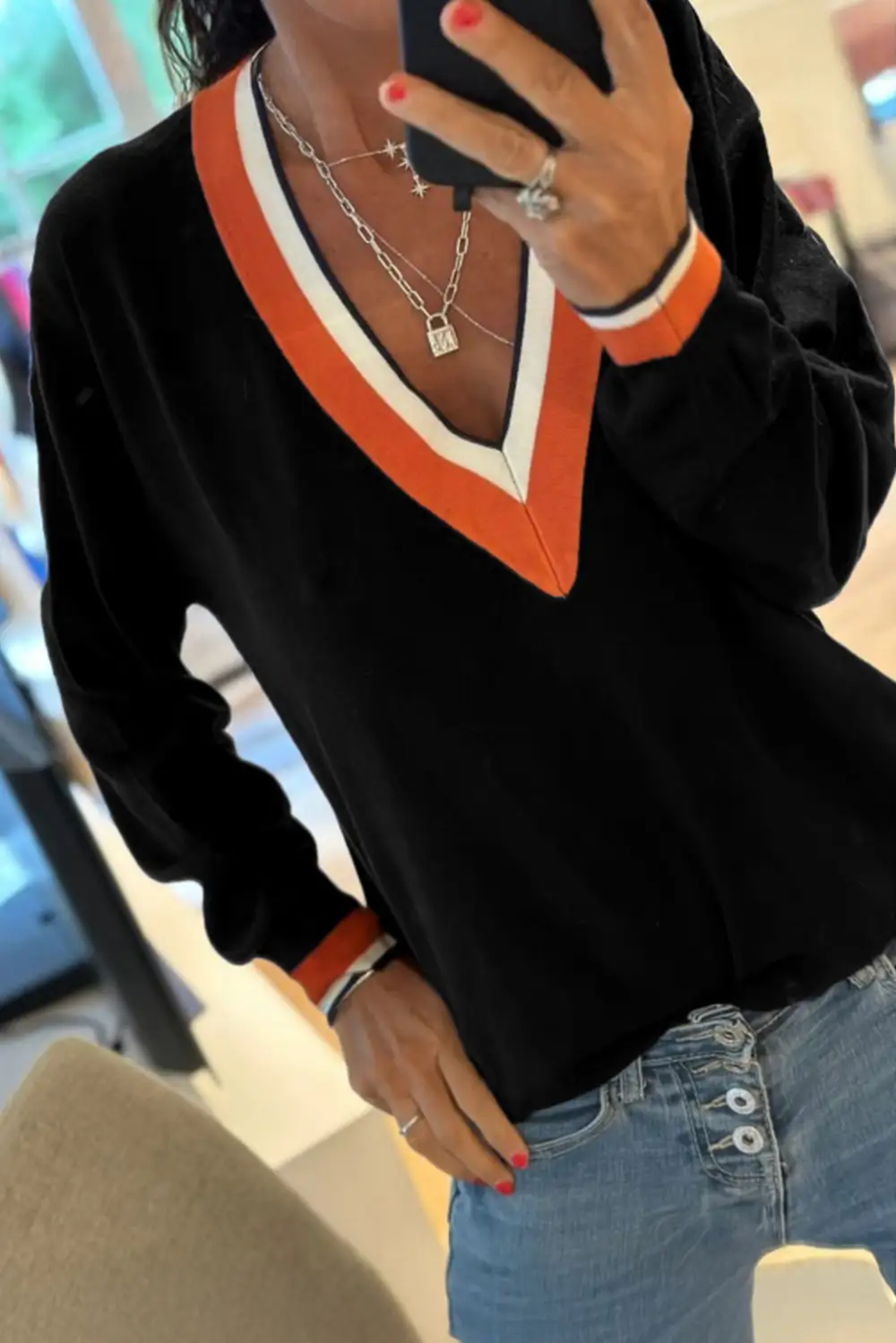 Striped Knit V Neck Sweater
