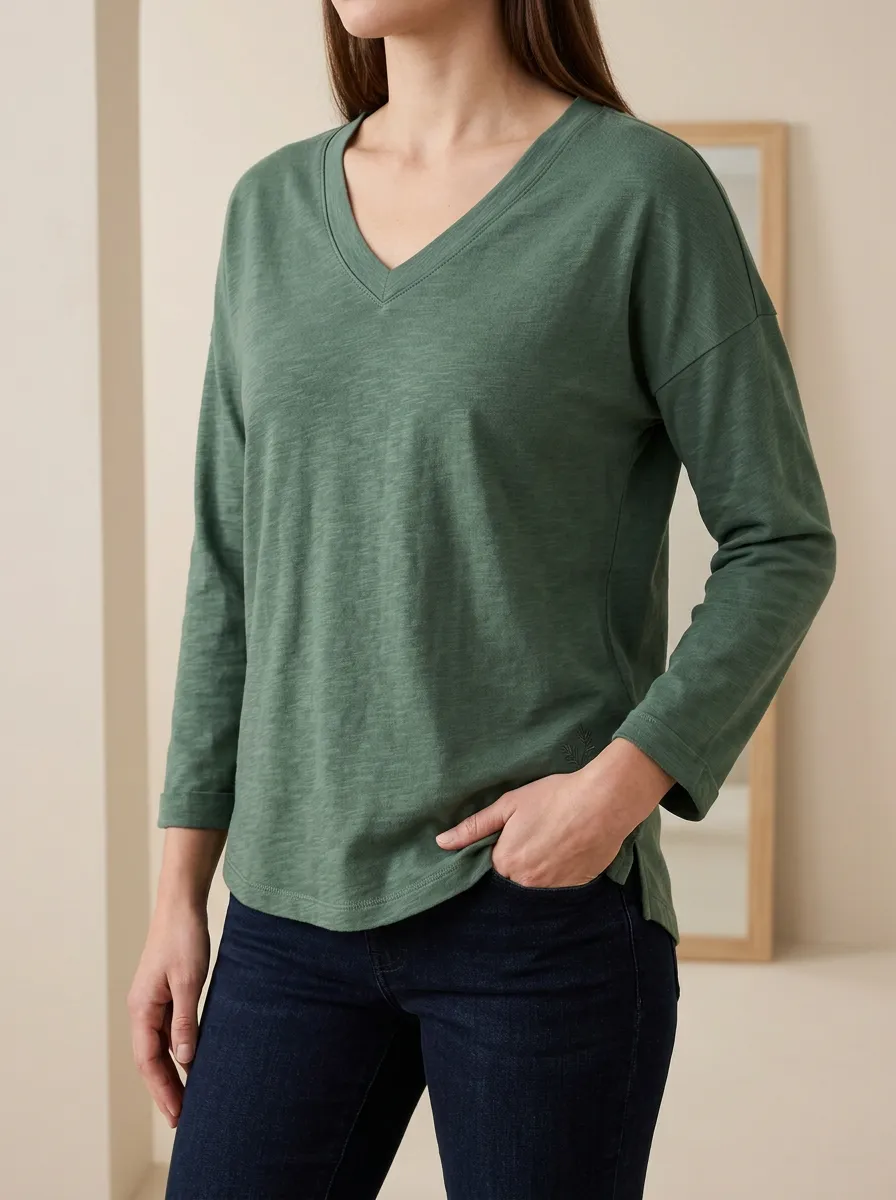 Women's Long Sleeve Tee with V Neck Embroidered Detail Detail