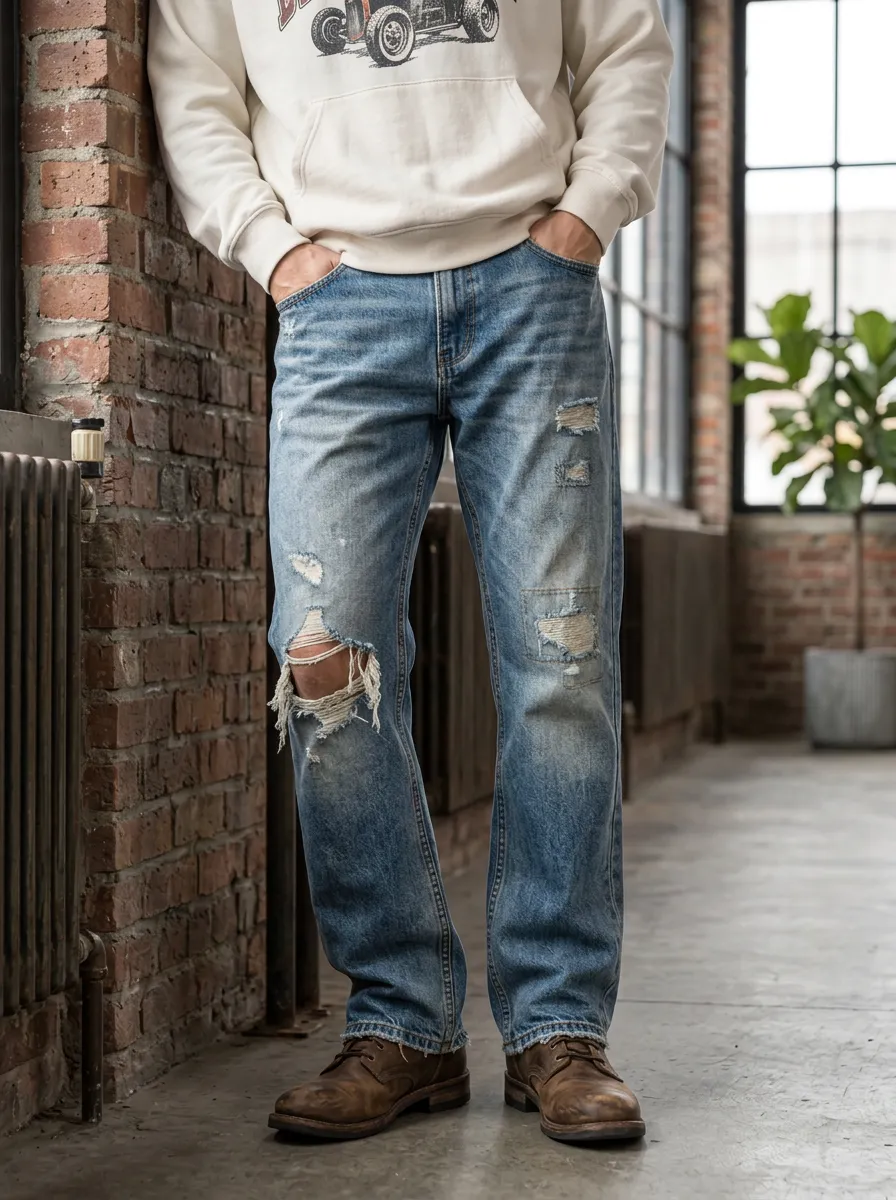 Men's Wash Ripped Jeans with Button Fly